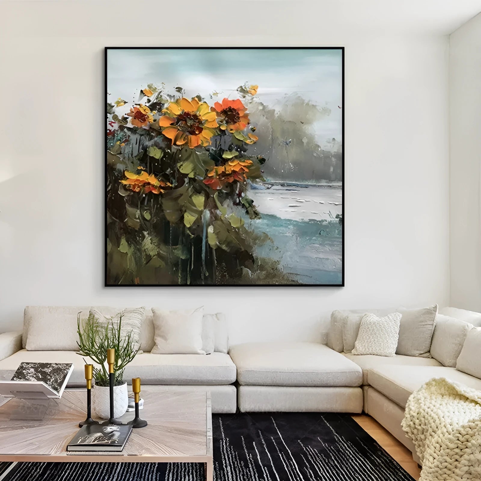 Hand-painted abstract countryside oil painting of rural landscape with sunflowers on square canvas for living room wall decor