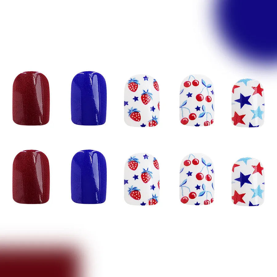 Glossy red and blue strawberry cherry independence day nail stickers, short style.