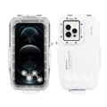 White waterproof diving case for iPhone 12 and 13 series, 40m depth, ABS and PC, clear glass front, rotating cover.