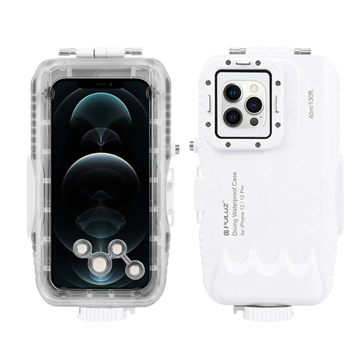 White waterproof diving case for iPhone 12 and 13 series, 40m depth, ABS and PC, clear glass front, rotating cover.