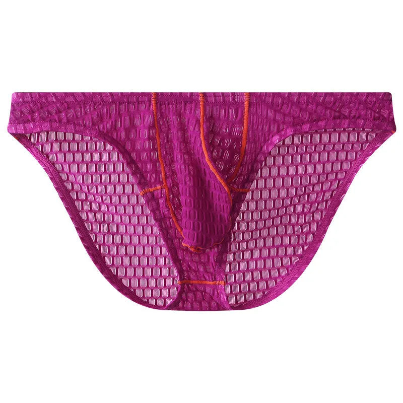 Men's low waist lace briefs in light purple on a white background