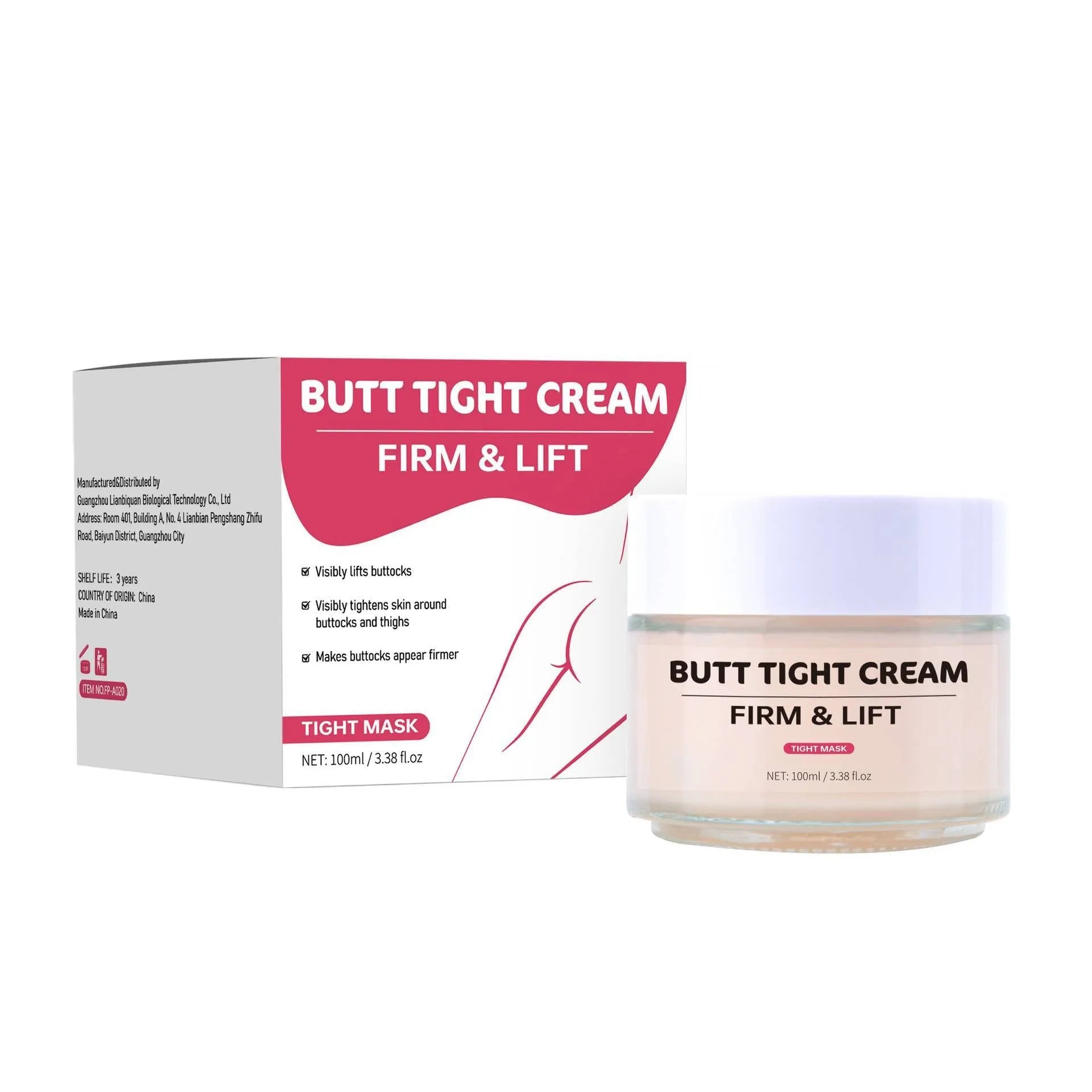 100ml bottle of hip tightening cream with application tool on white background