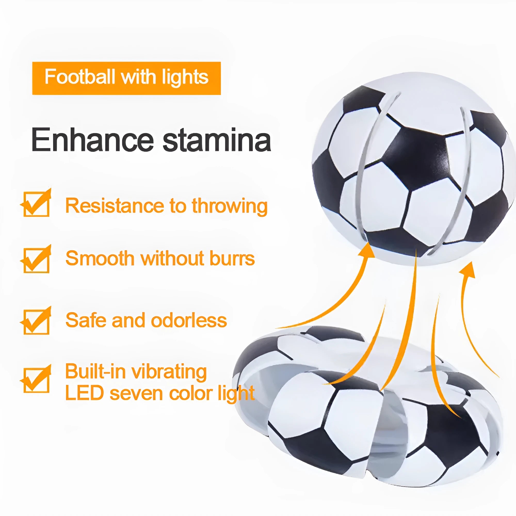 Orange glowing dog ball that transforms into a flying disc, shown on grass for scale.