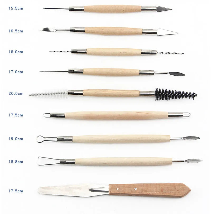 27-piece pottery clay tool set with stainless steel tools, wood handles, and roll organiser
