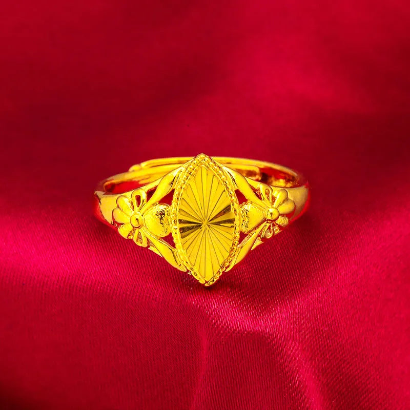 Gold geometric brass ring with open diamond flower pattern and textured surface for women's 20-24cm fingers