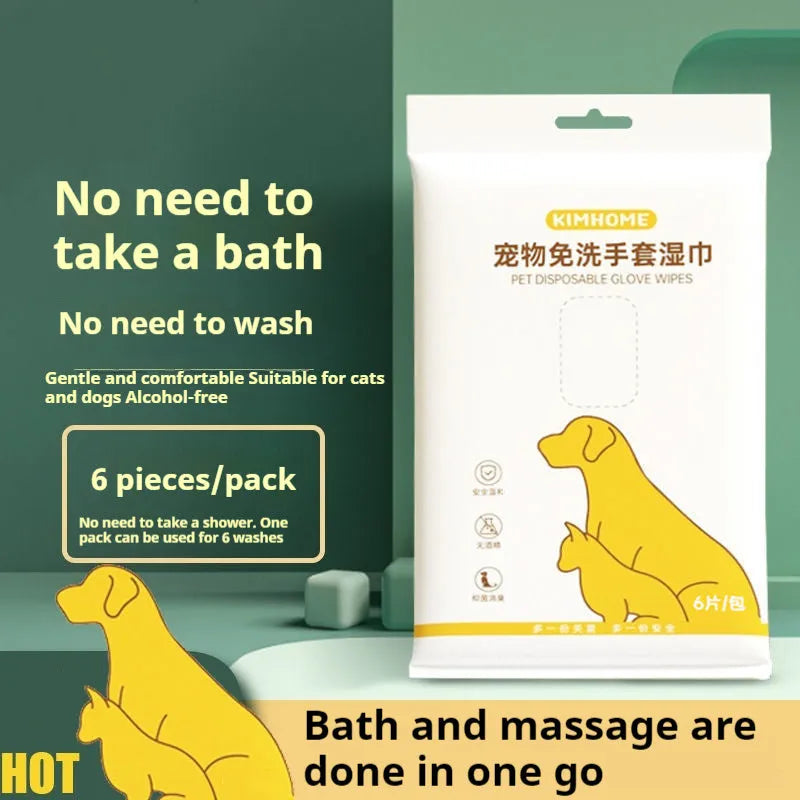 Disposable pet wet wipes and gloves in 6-piece pack for cats and dogs