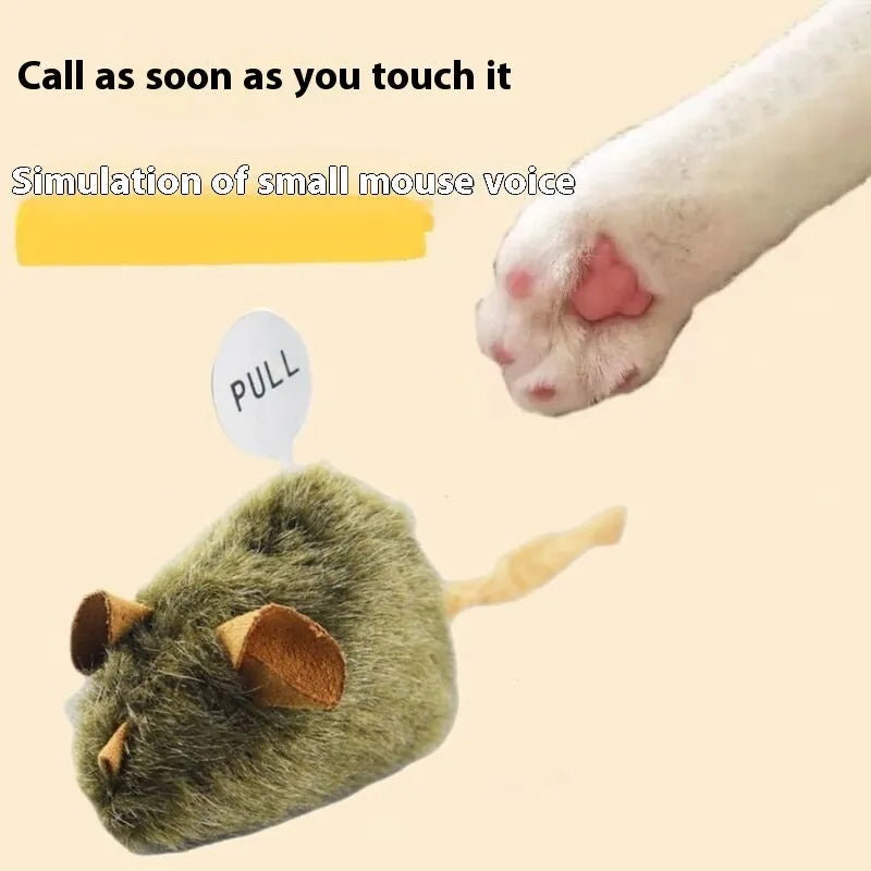 Plush cat toy simulated sound mouse with grey fur and pink nose on white background
