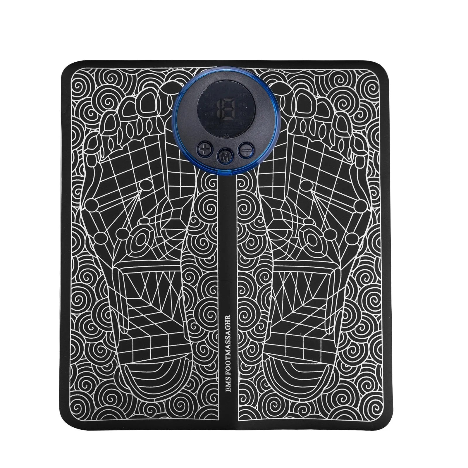 Leather foot massage cushion with a separate wireless remote control on a wooden floor