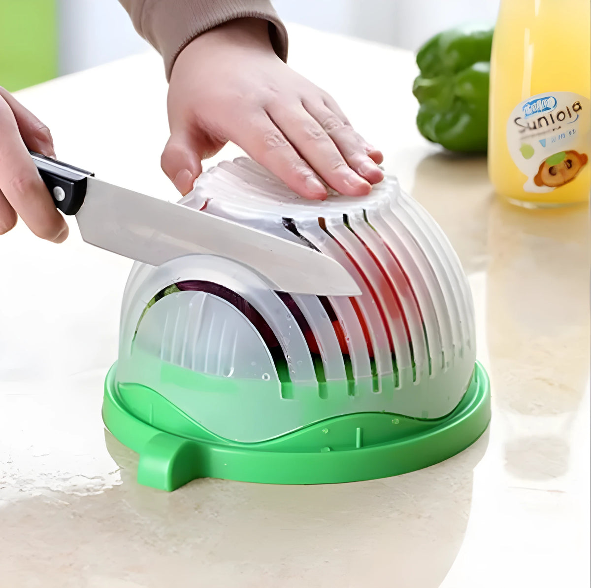Creative salad cutter bowl with 13-seam lid, drain basket and serving plate base in blue