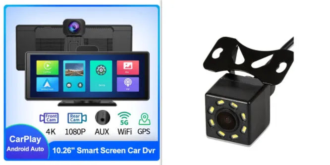 Black car dash cam with 10.26-inch touch screen showing dual camera display