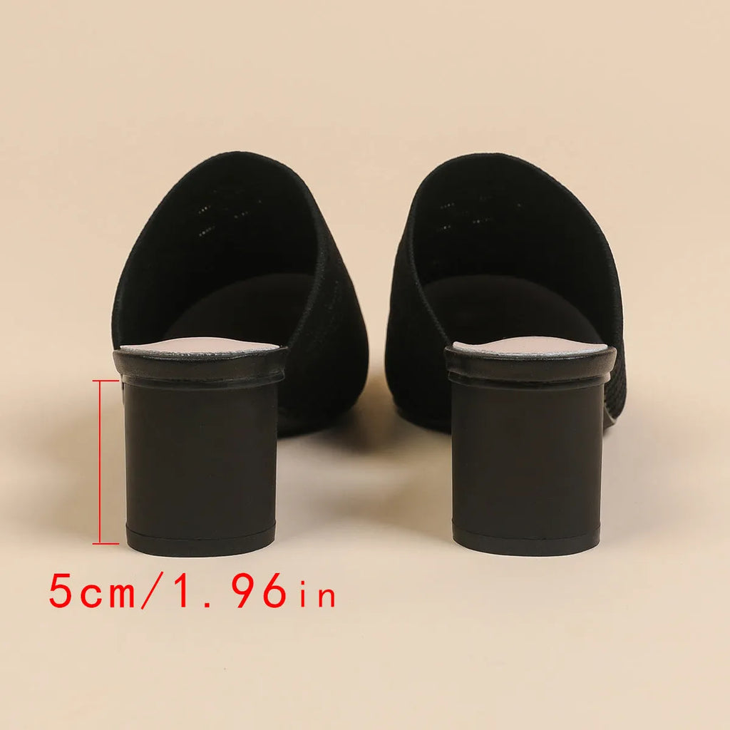 Women's pointed-toe sandals with toe cap bracket, 5cm chunky heel, fabric upper in fishing line colours on rubber sole.