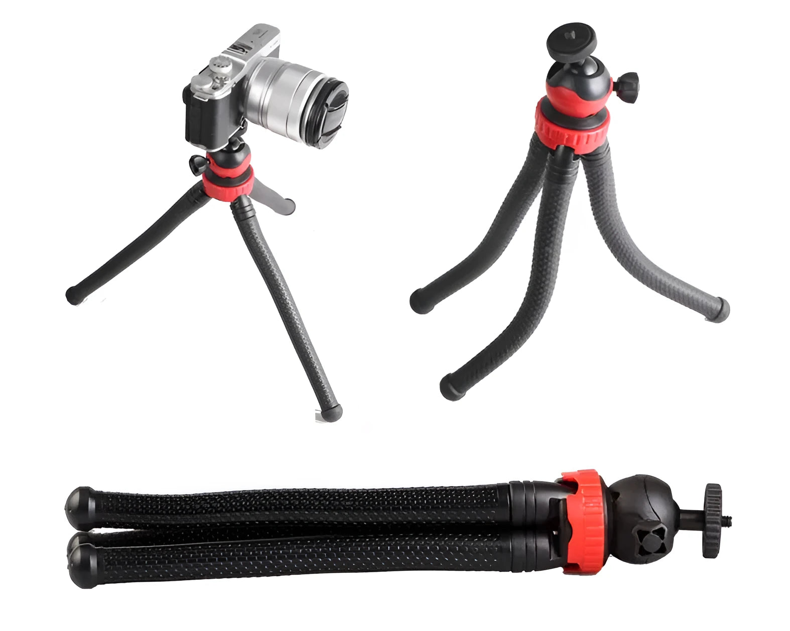 Black octopus tripod with flexible rubber legs and spherical gimbal for cameras and phones