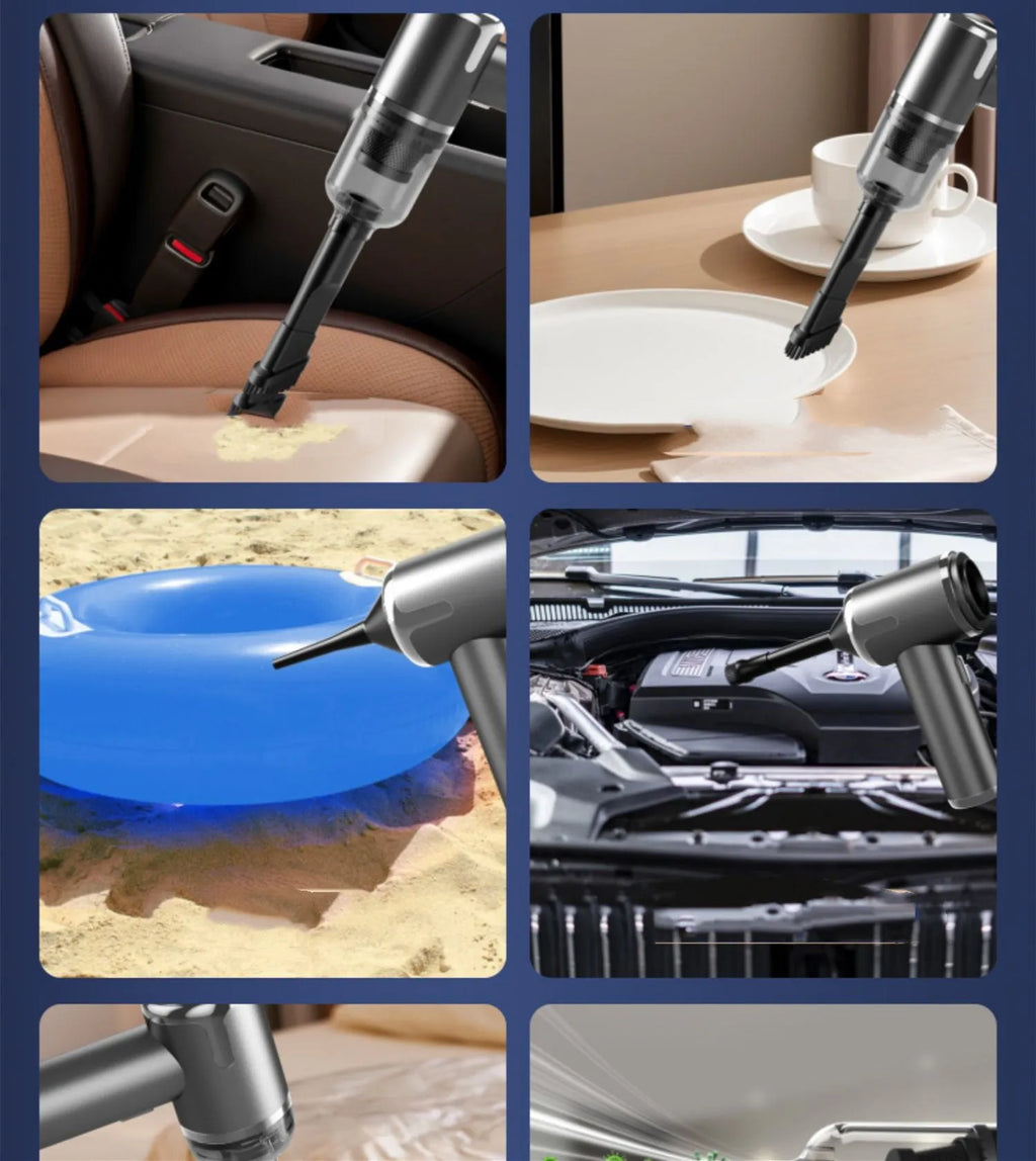 Cordless handheld car vacuum cleaner with suction nozzle, brush, blower accessory, and Type-C charger