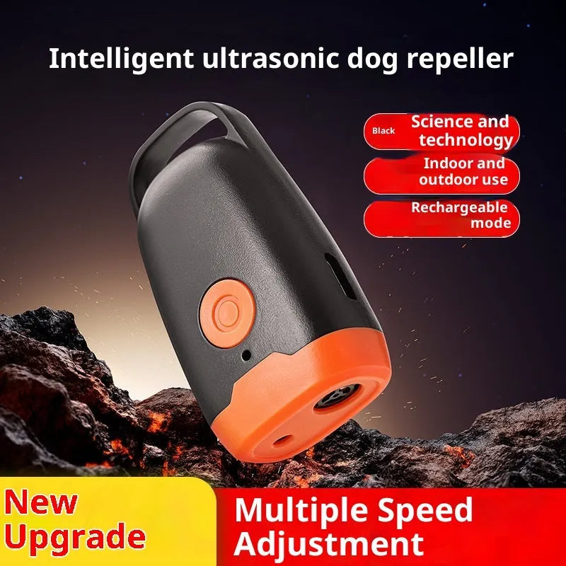 Mini ultrasonic dog dispeller in black and orange, 3x2x6cm ABS plastic portable bark stopper