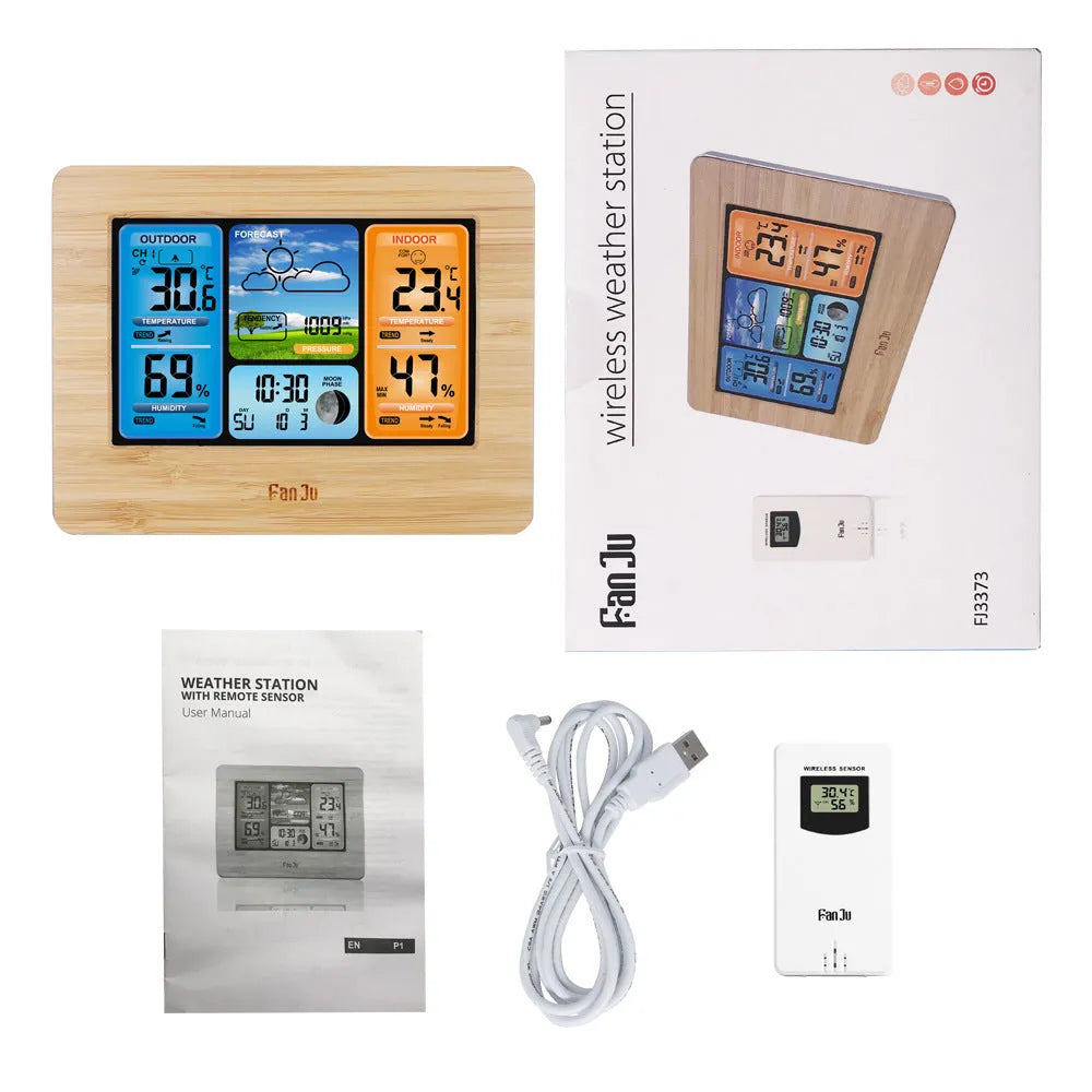 Rectangular LCD digital weather station clock with indoor outdoor temperature humidity display