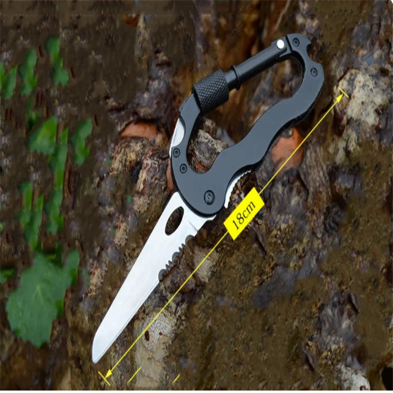 Multifunctional carabiner fast hanging buckle folding knife tool black aluminium alloy with 7.5cm blade