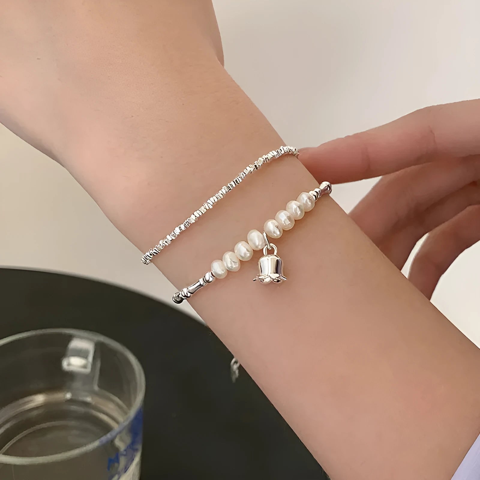 Silver pearl lily of the valley pendant bracelet on copper chain