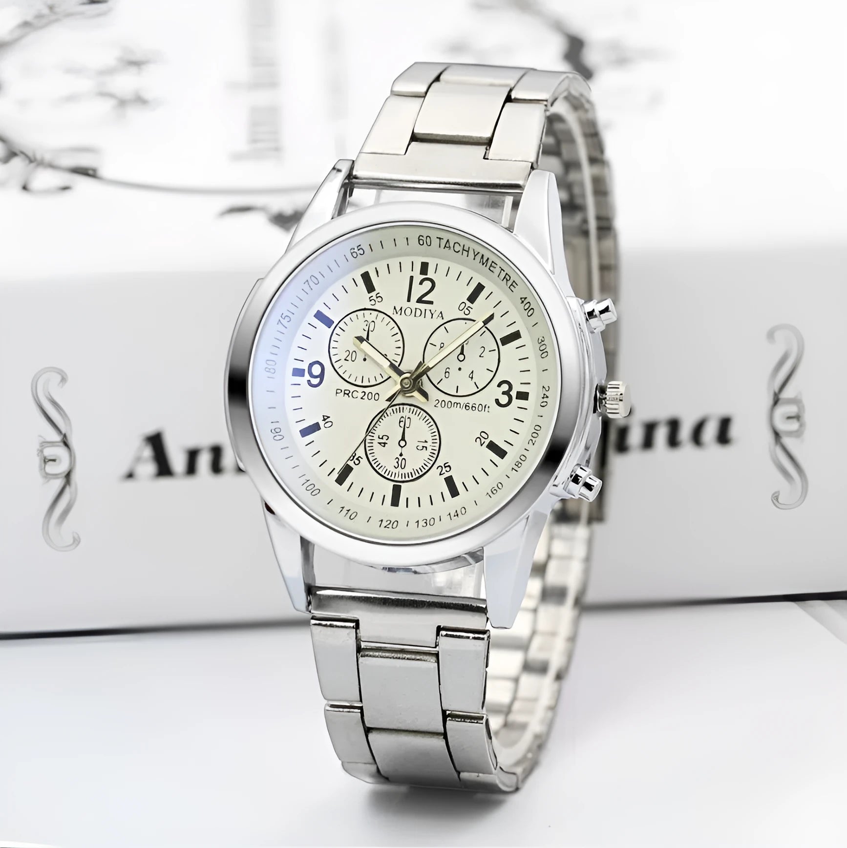 Blu-ray Gift Steel Band Watch with black dial, alloy strap, and folding buckle on a white background