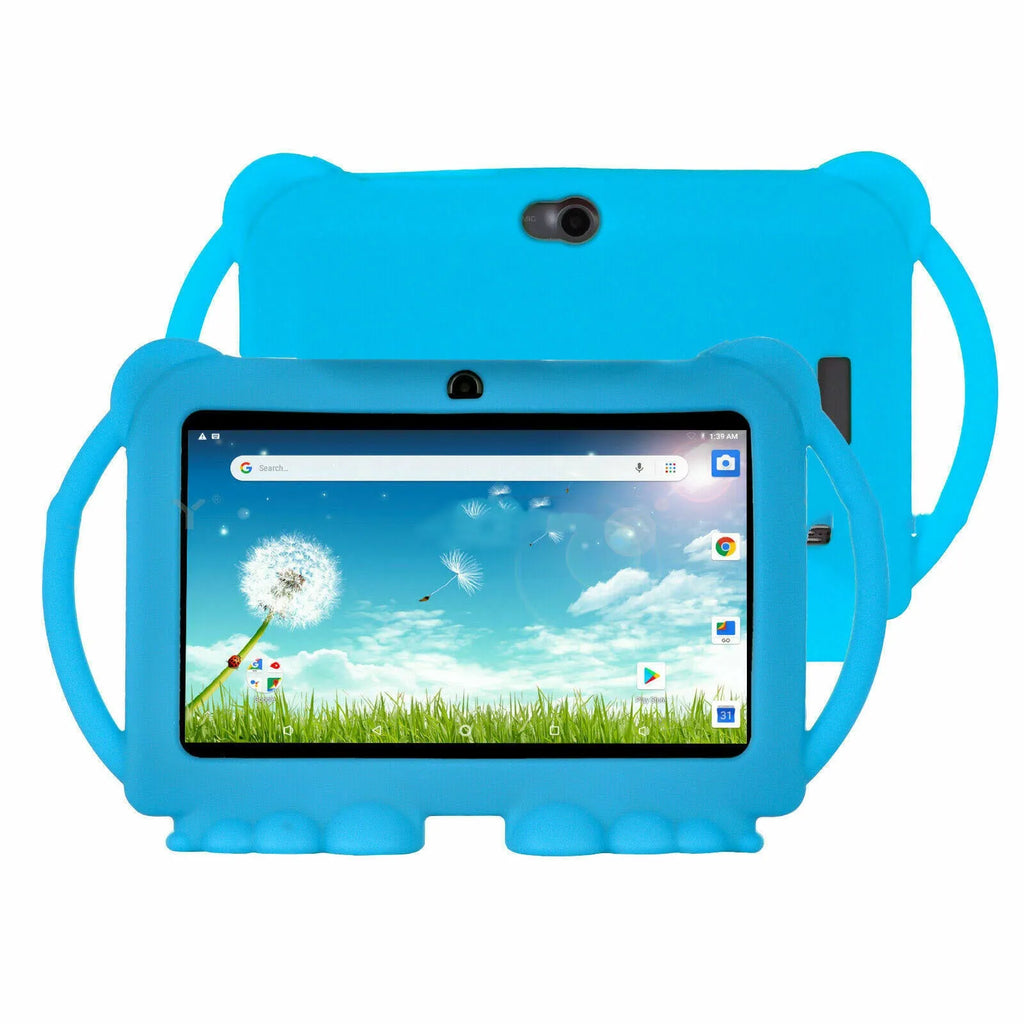 Children's 7 inch Android tablet in blue with UK plug, quad core processor, and dual camera