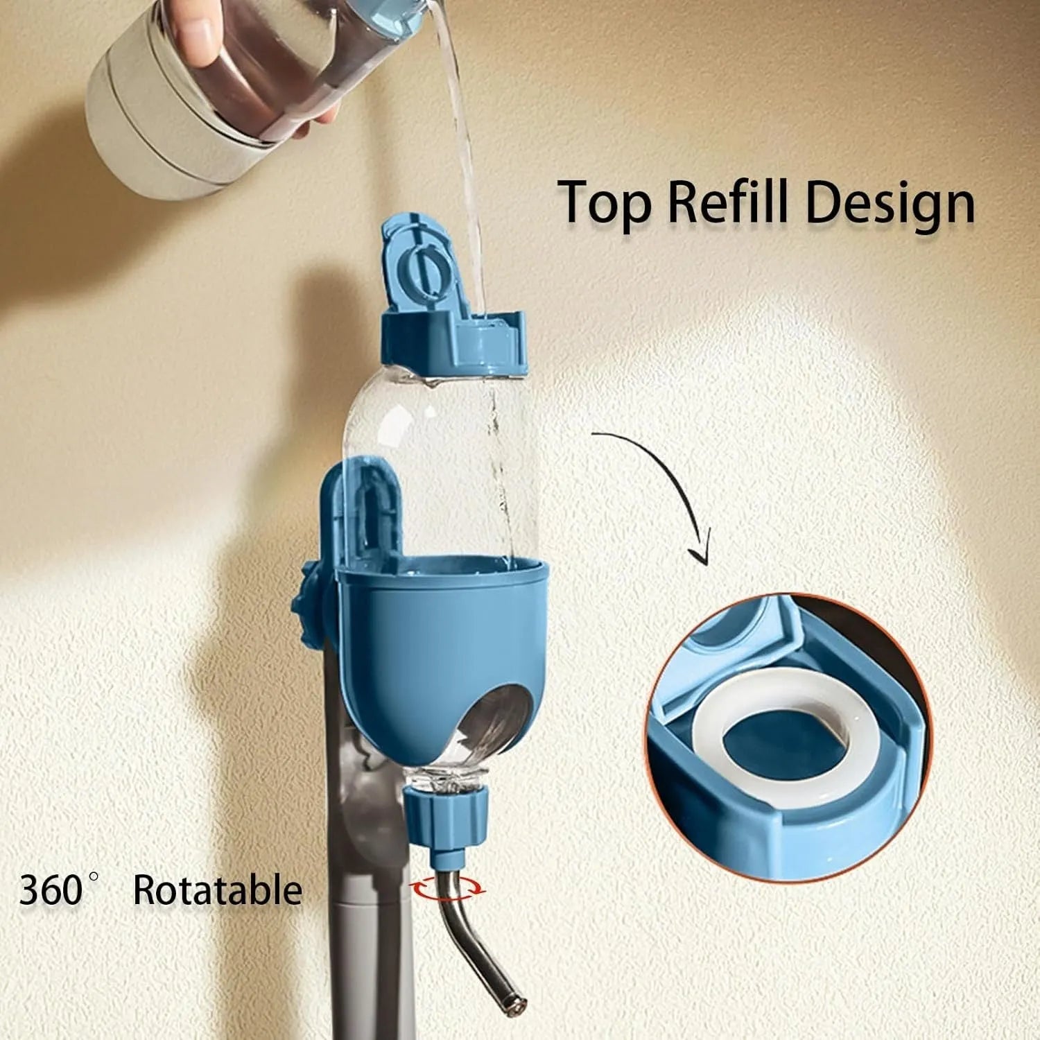 Blue pet water bottle with rotating nozzle mounted on cage bars for small animals
