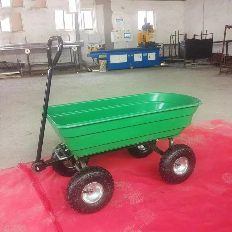 Green four-wheel plastic dump truck with steel frame for garden and farm use.