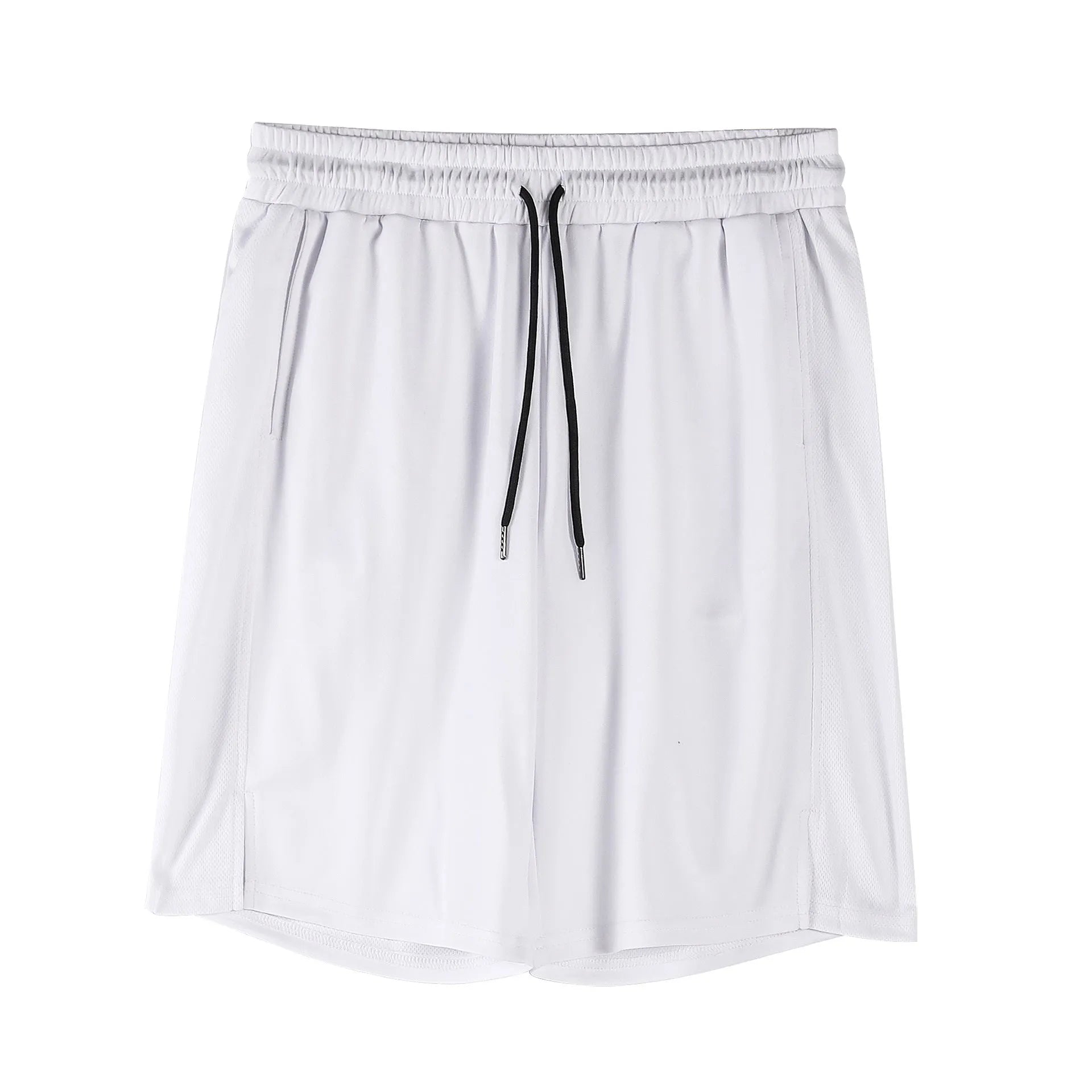 Men's black quick-drying mesh shorts in a loose capri length with elastic waistband.
