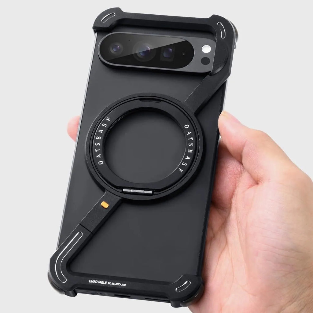 Black metal hollow phone case with rotating bracket and magnetic suction for Google Pixel 9, 9 Pro, 9 Pro XL.