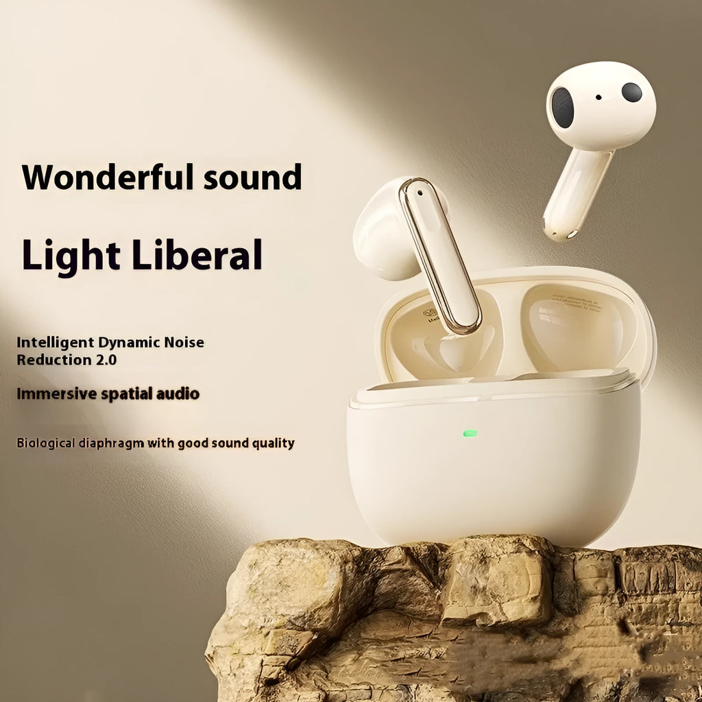True wireless Bluetooth headset in Black Night or Yunyan White, ABS earplug design with 5.3 chip and 15 metre range.