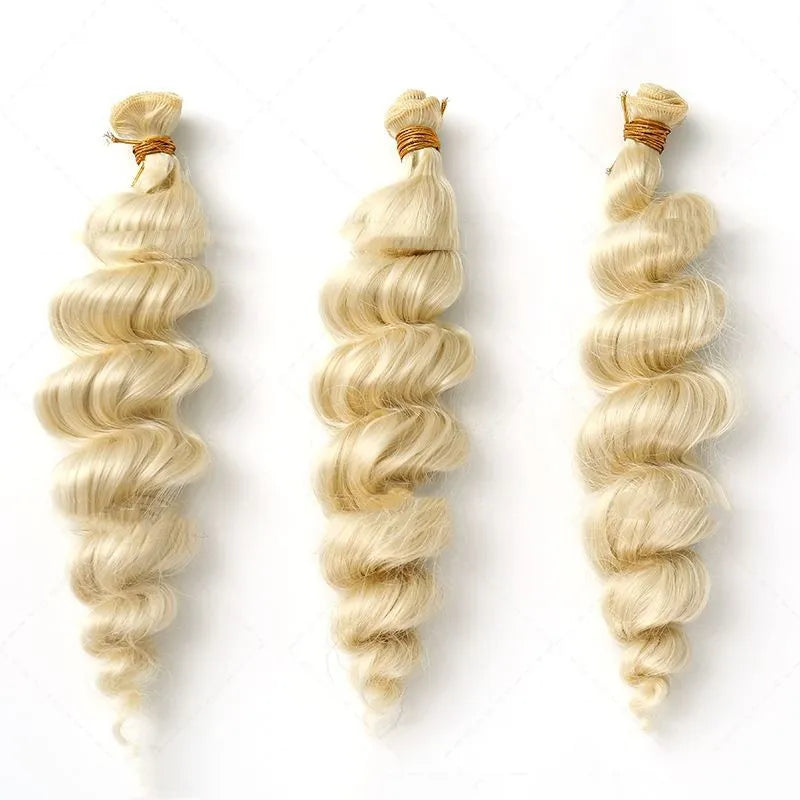 Golden blonde synthetic women's wig shown in 18, 20, and 22 inch length options