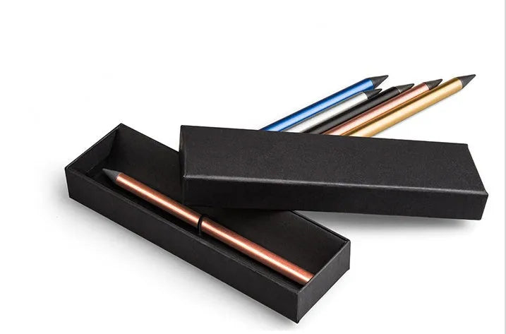 Inkless metal pen with alloy steel tip in choice of five metallic colours showing 0.5mm nib and protective accessories