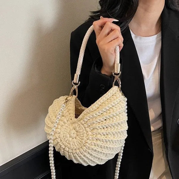 Women's handmade woven cloth shoulder bag in retro style with open top and phone compartment