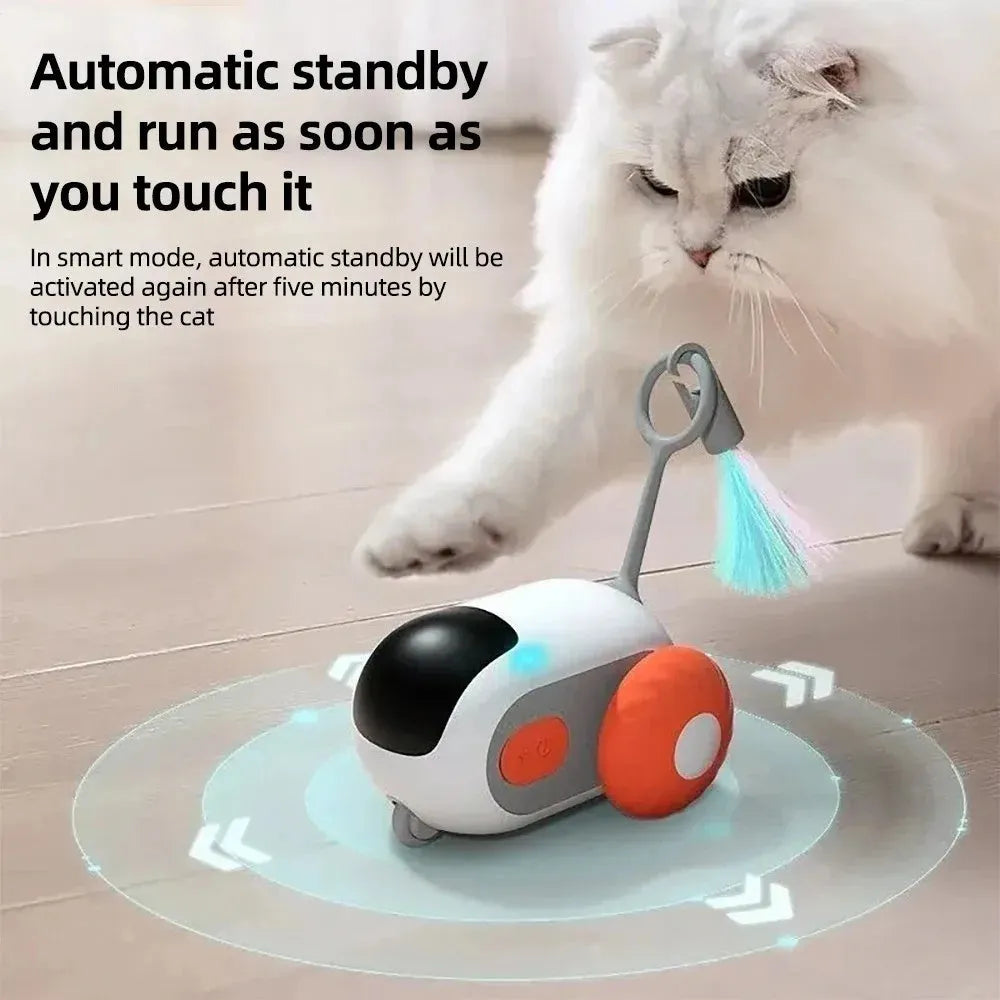 Blue and orange remote-controlled smart cat toy with feather teaser attachment and USB charging