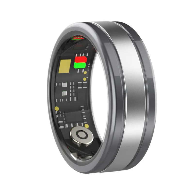 Smart ring in gold finish with health monitoring features including heart rate and step counting