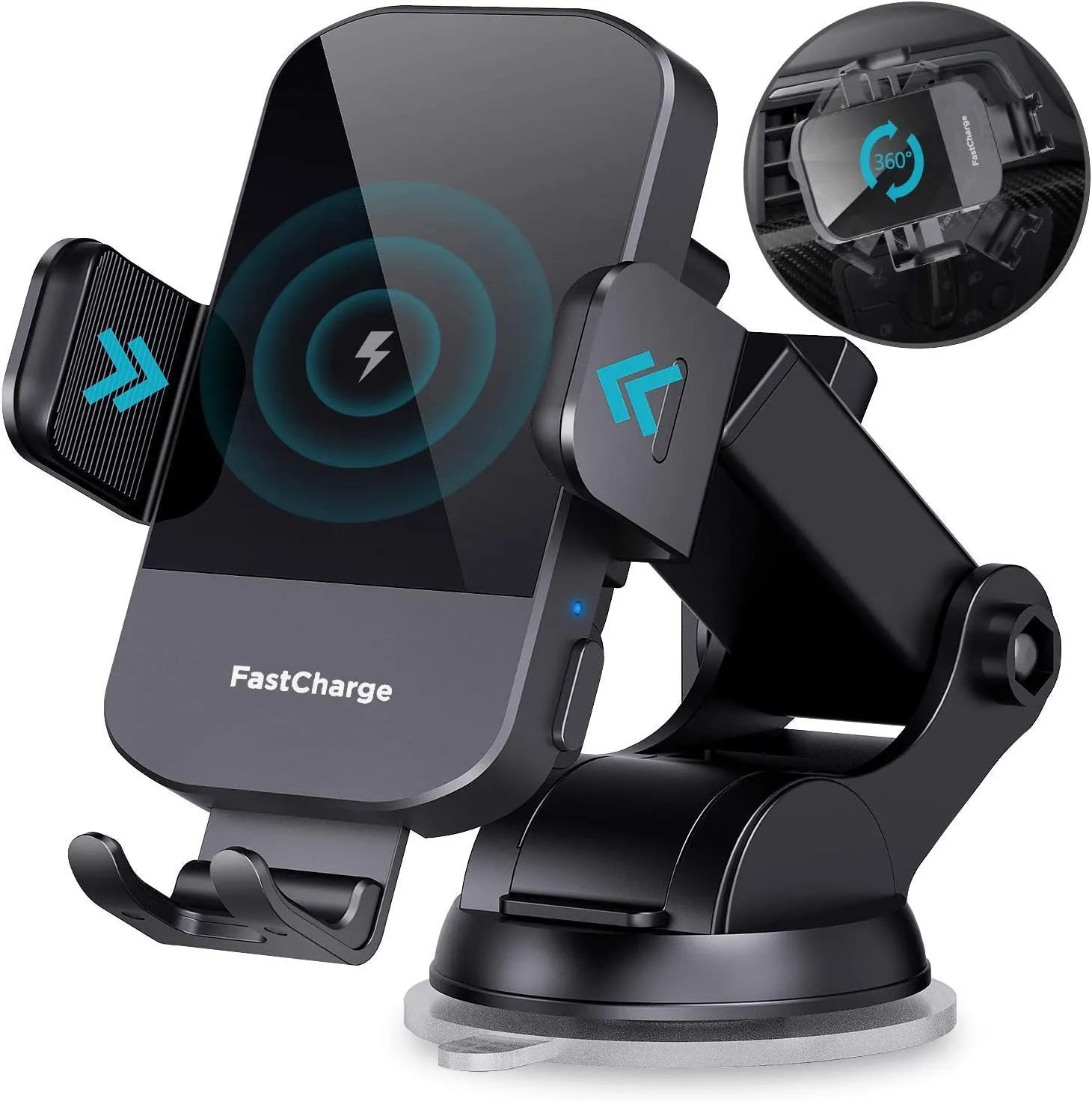 Black car dashboard wireless charging stand with 15W fast charging and air vent clip mount