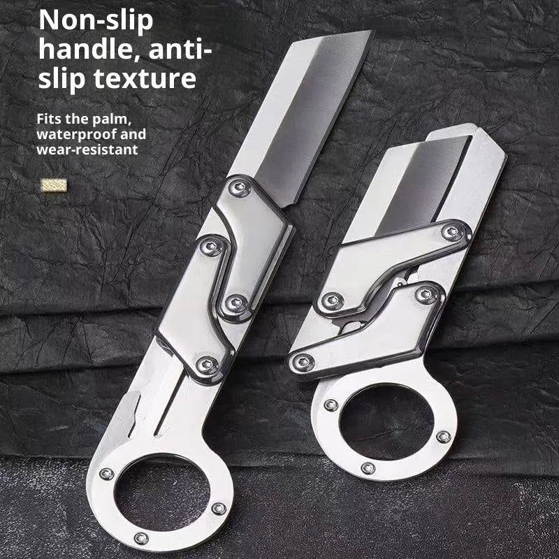 Silver stainless steel folding knife with 5.7cm blade and 67mm handle, mechanical deformation folding design