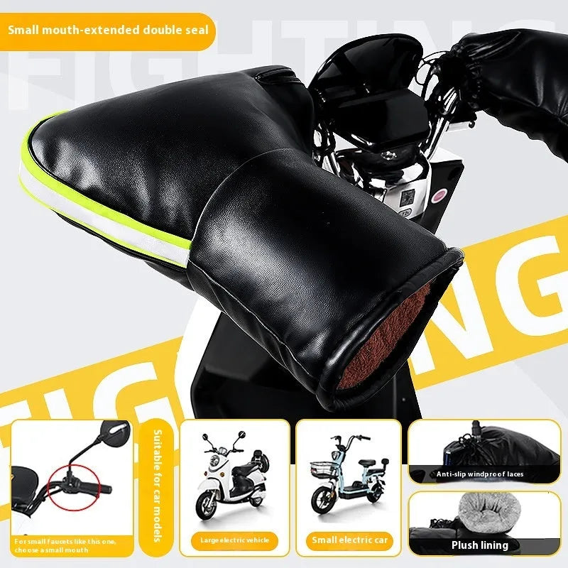 Electric motorcycle winter thermal waterproof handle grip gloves with fleece lining in gray reflective stripe style