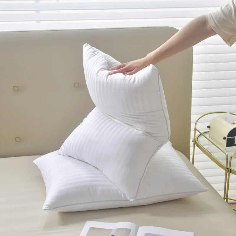 White cotton satin stripe feather pillow with 2cm stripe detail showing size and fill weight options