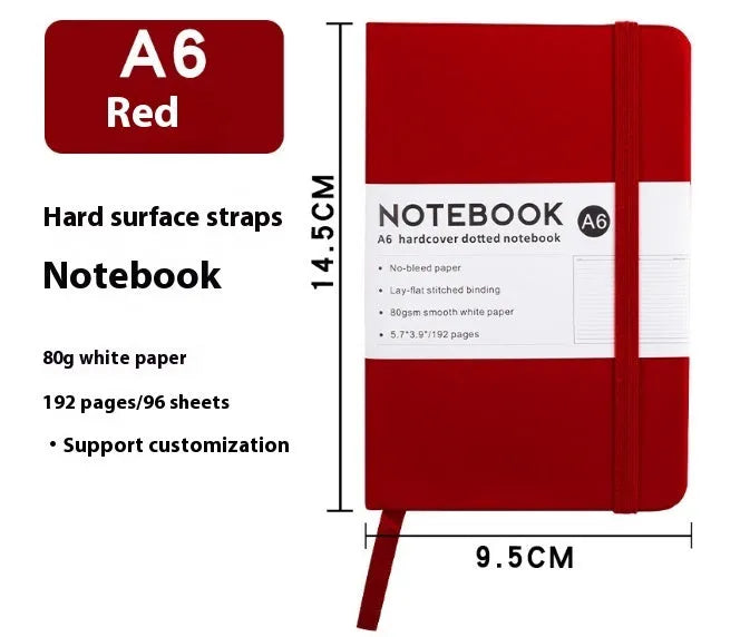 A5 office diary with hand skin feeling PU leather cover and strap closure, open to show horizontal line pages.
