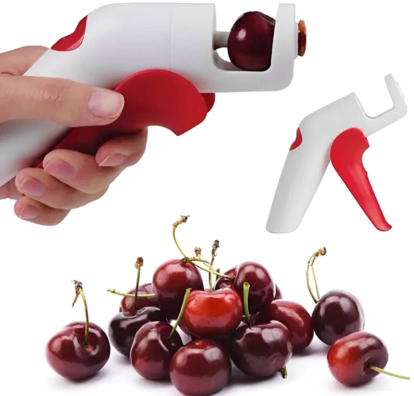 Manual cherry pitter tool with stainless steel coring mechanism on a kitchen worktop.