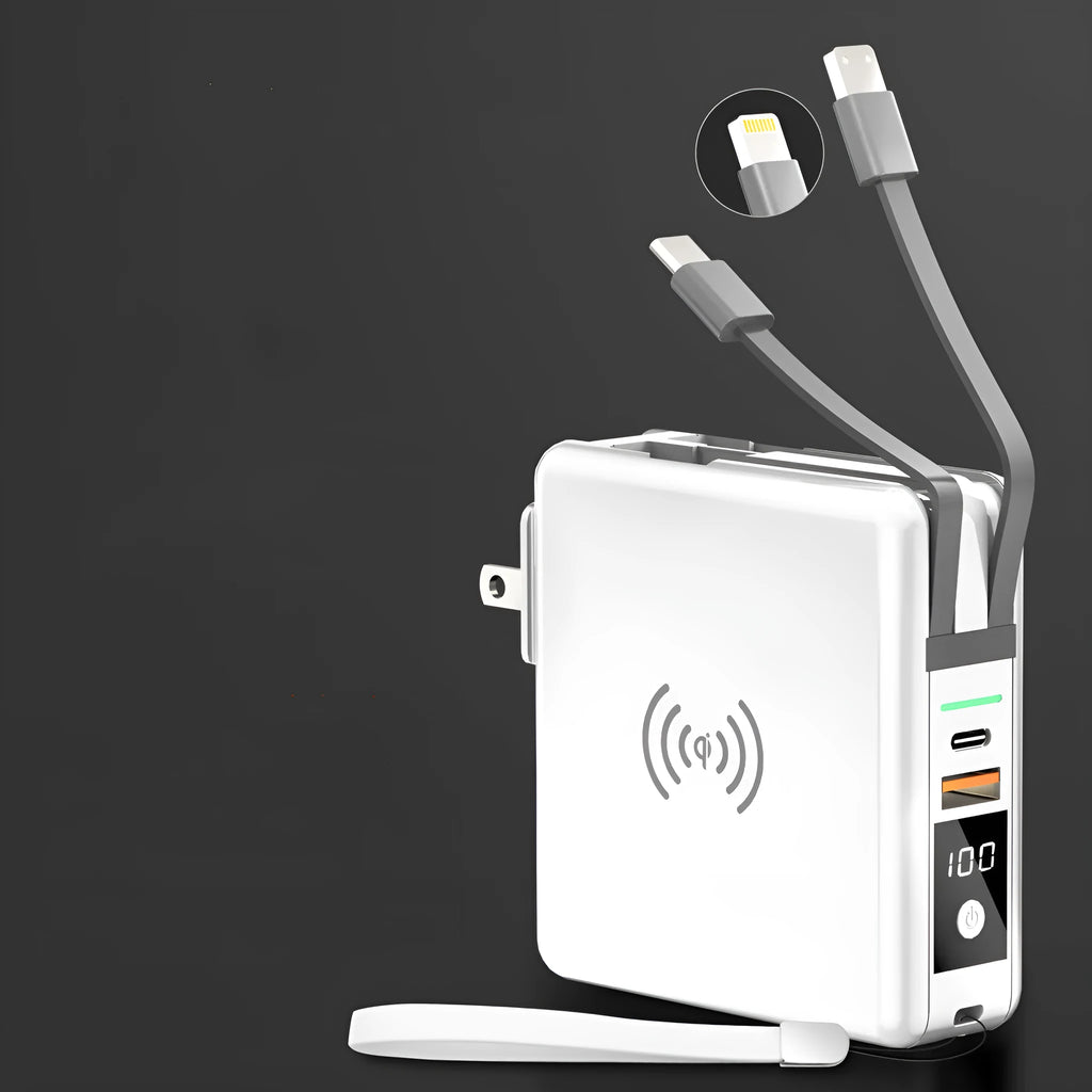 Black and white wireless charging power bank with folding UK plug and international travel adapters