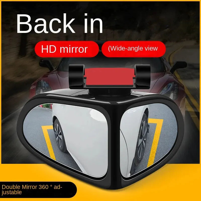 A pair of small, round, adjustable wide-angle car auxiliary mirrors on a black ABS plastic shell.