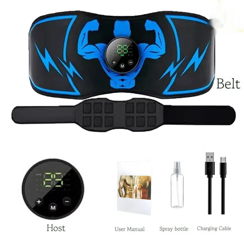 Blue EMS fitness slimming belt with abdominal stickers and wireless remote control unit