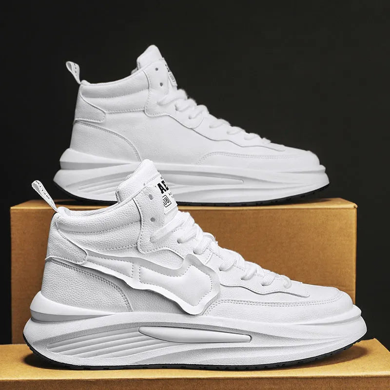 Men's black and white platform high-top board shoes with round toe and artificial PU uppers