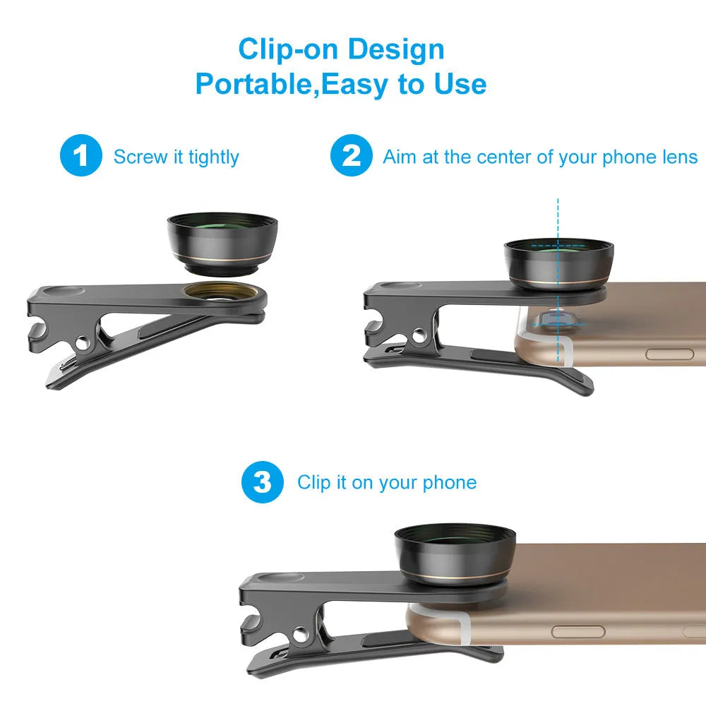 Black aluminium 6-in-1 smartphone lens kit with fisheye, wide-angle, macro, telephoto, CPL and star filter lenses on a universal clip.