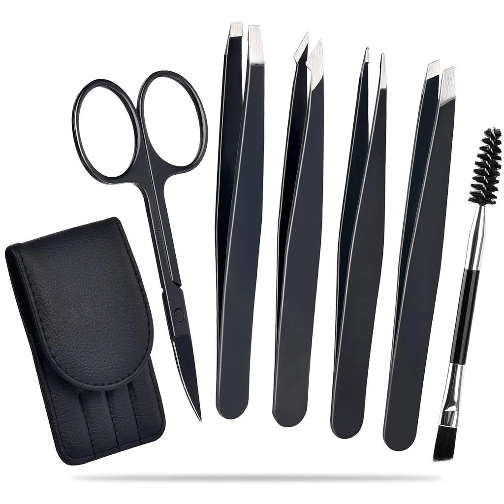 Professional 6-piece eyebrow tweezers set with stainless steel tools in leather protective case