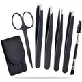 Professional 6-piece eyebrow tweezers set with stainless steel tools in leather protective case