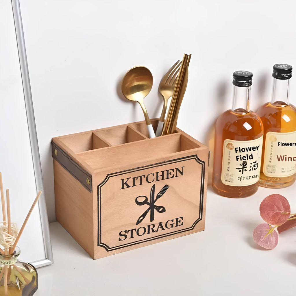 Wooden kitchen storage box with grid divider for organising knives forks and chopsticks