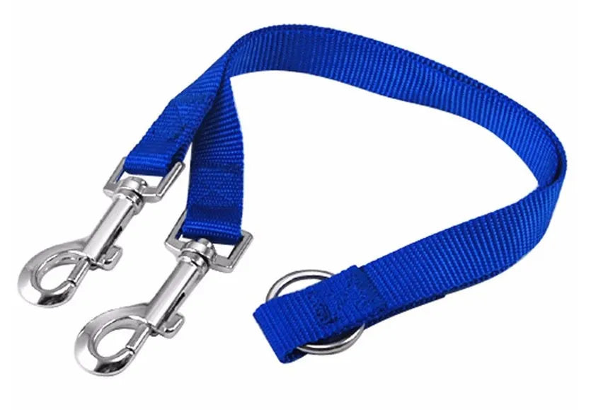 Double dog lead coupler in nylon, available in black, blue, purple, and red, sizes small medium large, 45cm length