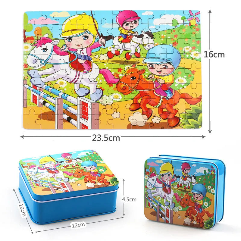80 piece wooden animal jigsaw puzzle in iron box with non-toxic paint for children aged 3+