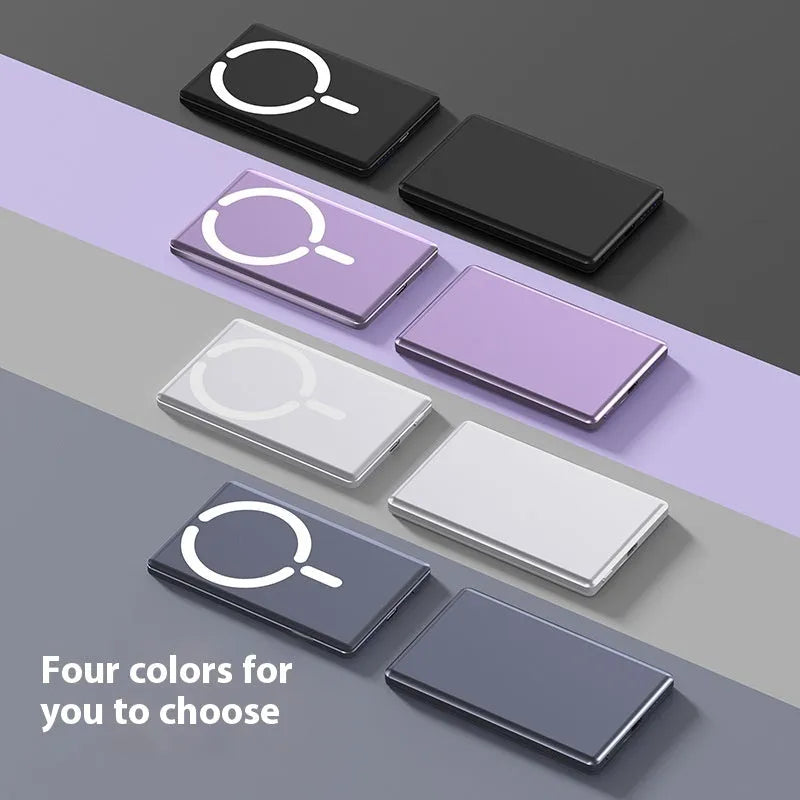 Ultra-thin magnetic power bank in dark gray, silver, black or violet with alloy shell